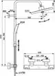 Duschsystem der Marke Ideal Standard mit Kopfbrause und Handbrause. Abmessungen und Anschlussdetails sind im technischen Diagramm dargestellt.